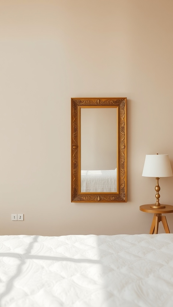 A beige bedroom with an ornate mirror and a lamp on a nightstand.