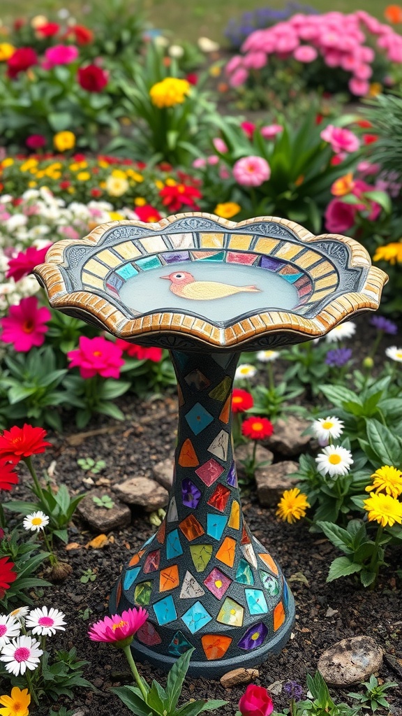 A colorful mosaic bird bath surrounded by vibrant flowers.
