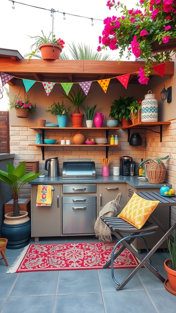 A vibrant small outdoor kitchen with colorful pots, bunting, and a cozy atmosphere.