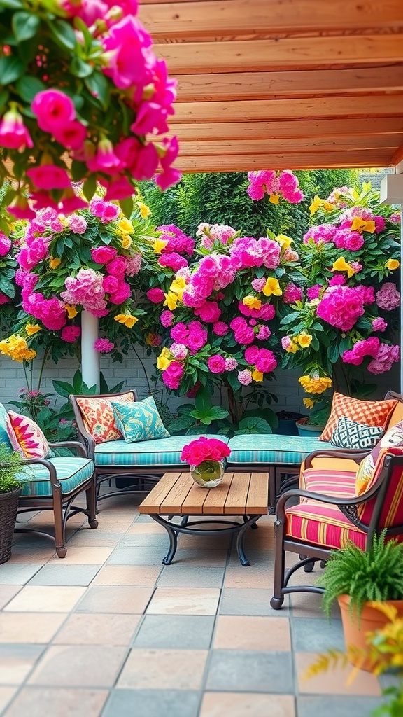 A colorful outdoor lounge space with vibrant flowers and comfortable seating.