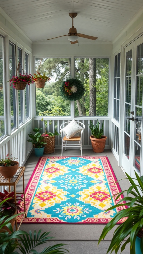 A small screened-in porch featuring a colorful outdoor rug with vibrant patterns, surrounded by plants and a cozy chair.