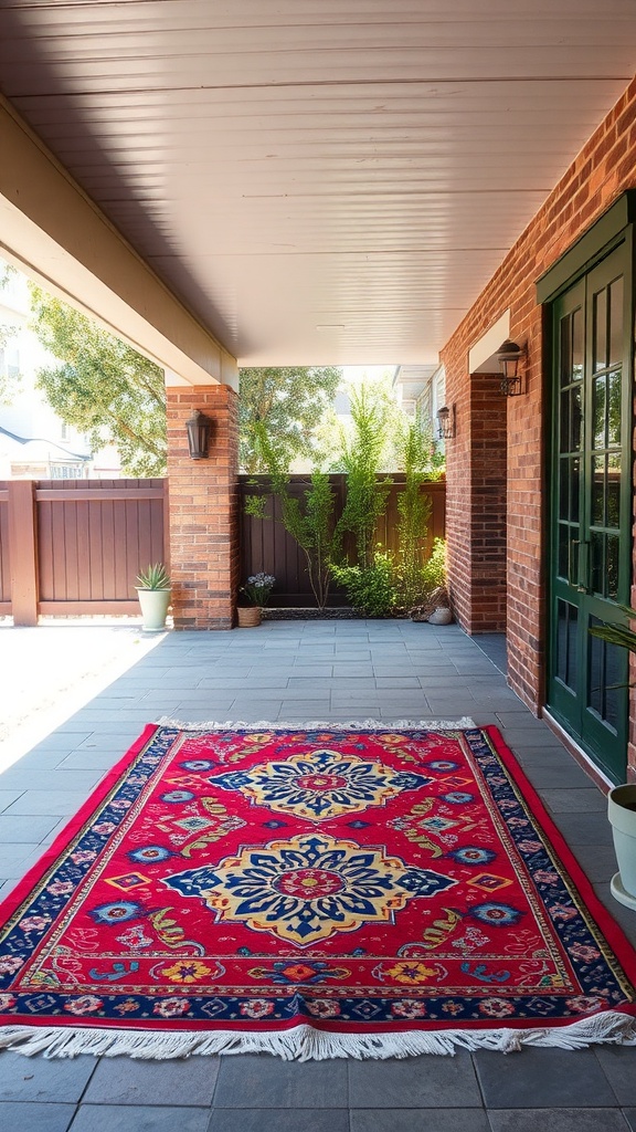 A vibrant red outdoor rug with intricate patterns on a patio