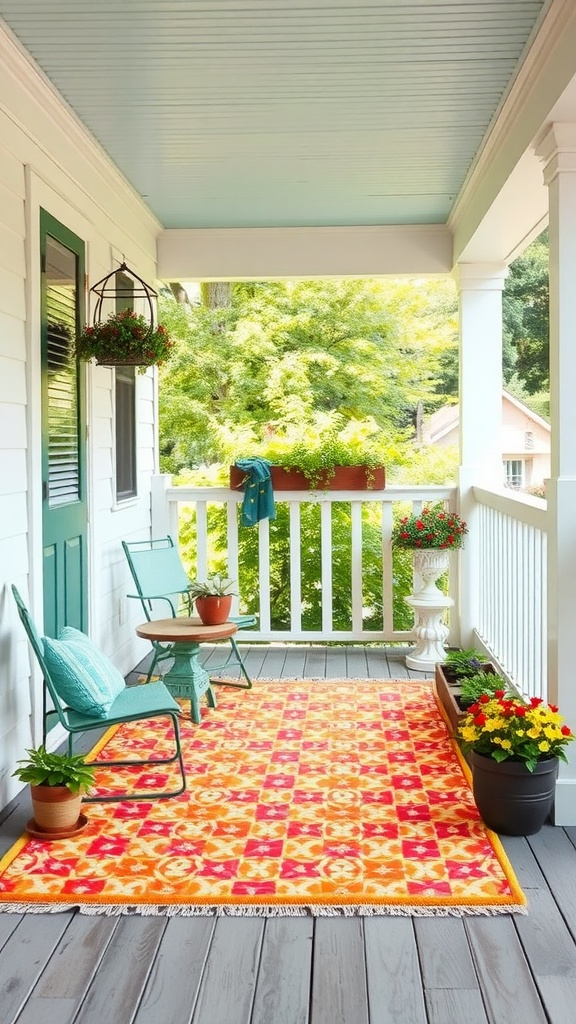 Colorful outdoor rug on a back porch with chairs and plants