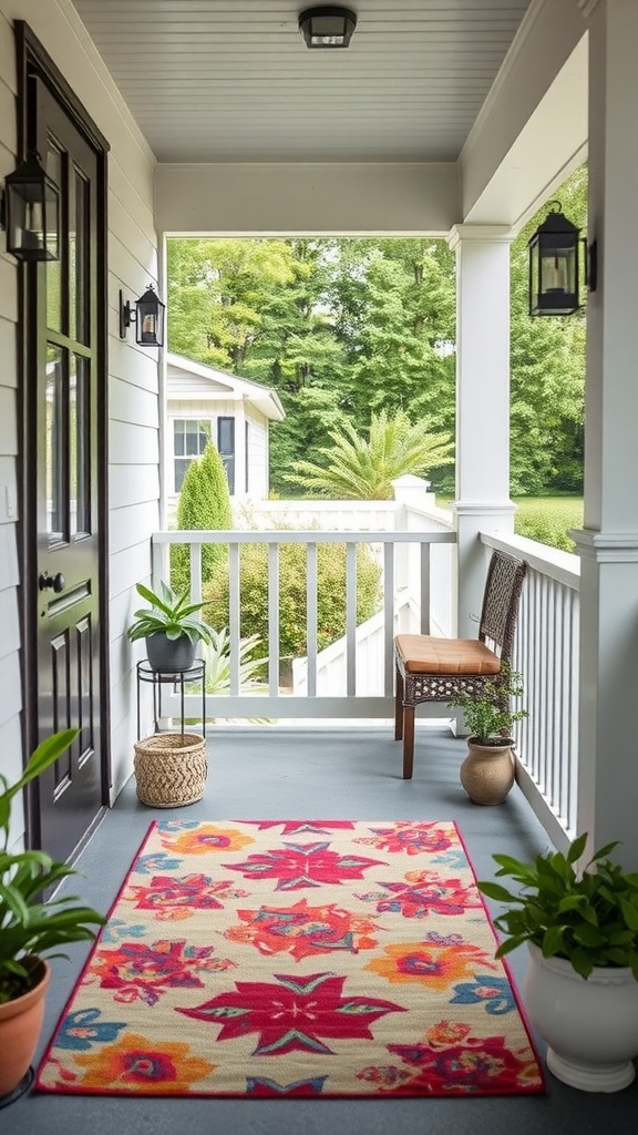 A vibrant floral outdoor rug on a porch with plants and a chair