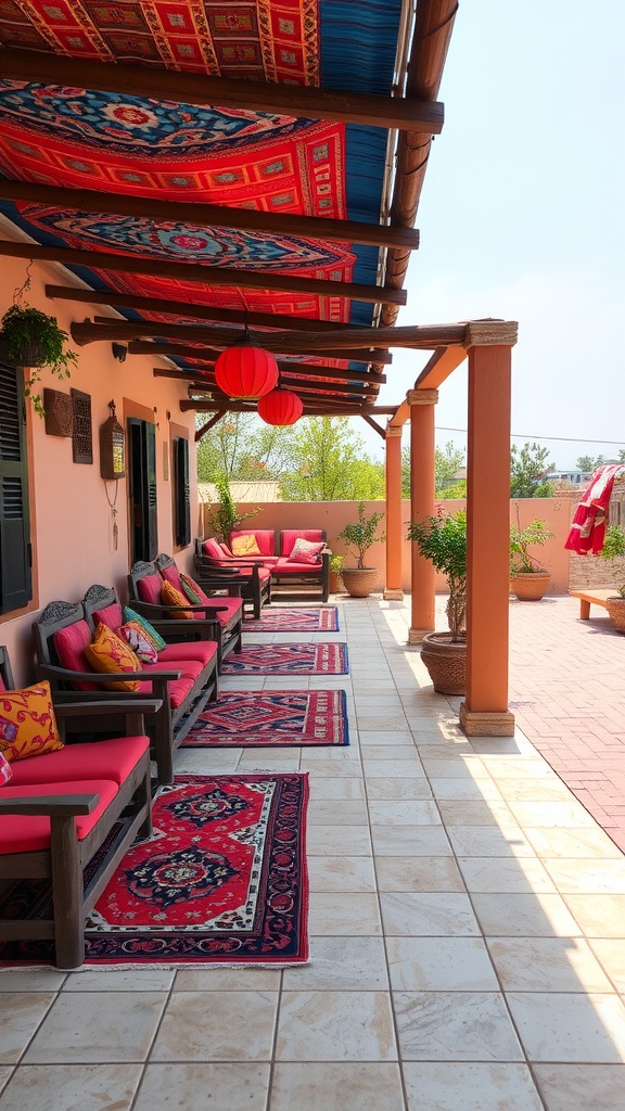 A colorful outdoor patio with vibrant rugs and pillows, creating a cozy and inviting atmosphere.