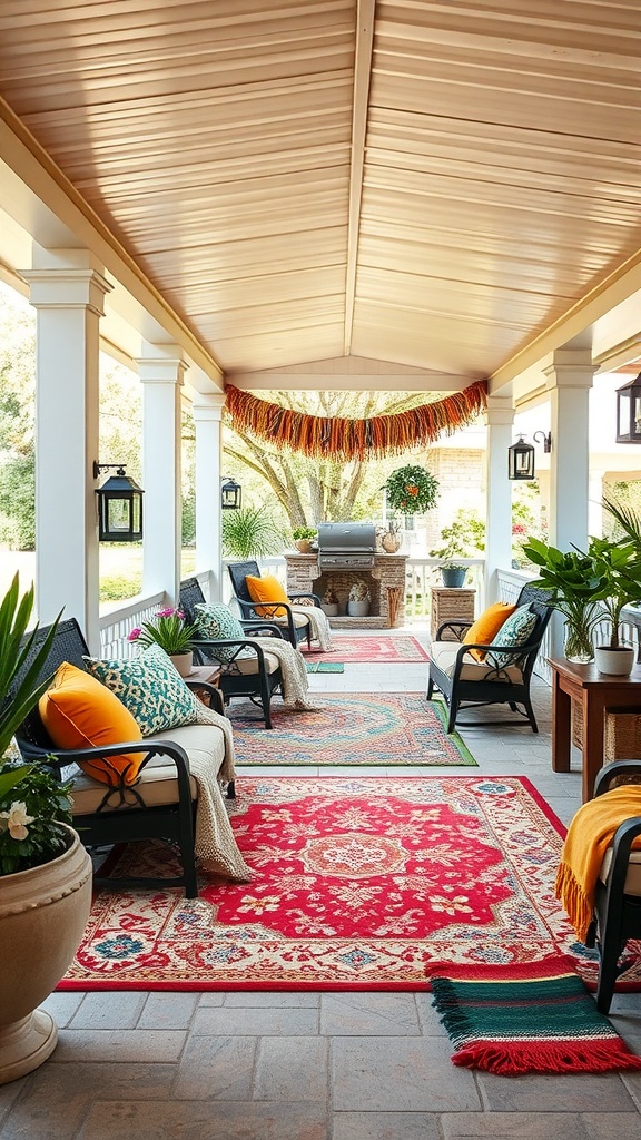A covered patio with colorful outdoor rugs, pillows, and plants, creating a cozy and inviting atmosphere.