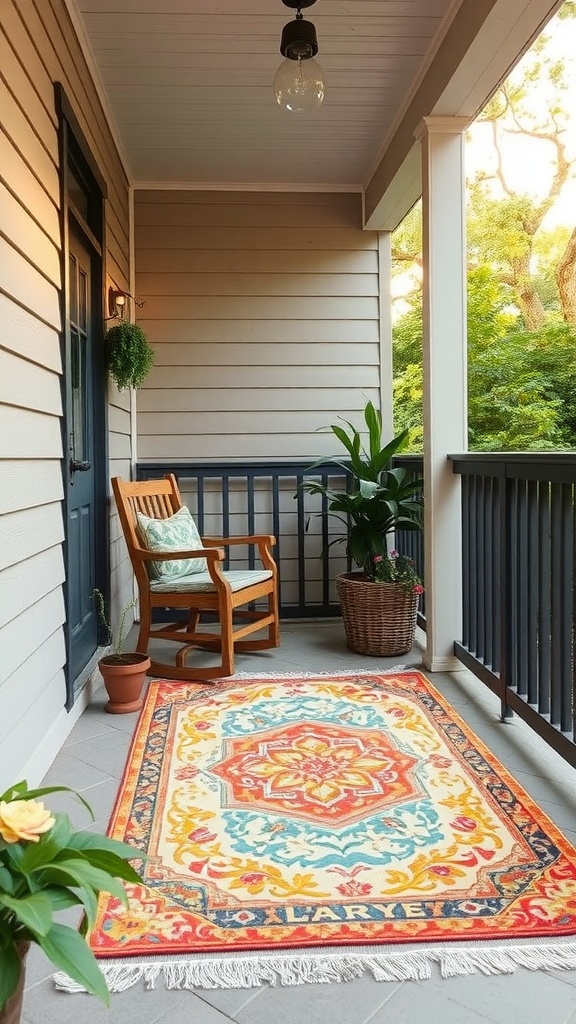 A colorful outdoor rug on a porch with a wooden chair and potted plants.