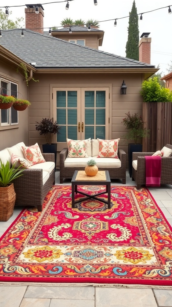 Colorful outdoor rug on a patio with seating and plants.