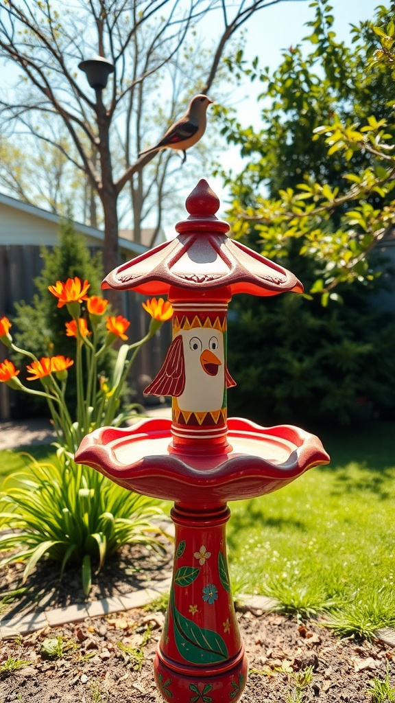 A colorful painted bird bath with a bird design in a garden setting.