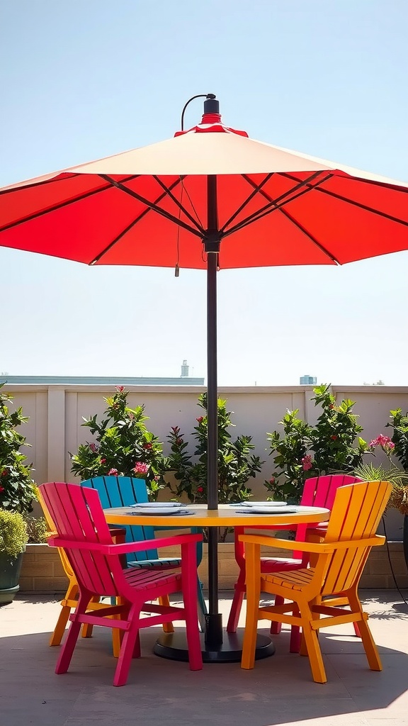Colorful patio umbrella with vibrant chairs and plants