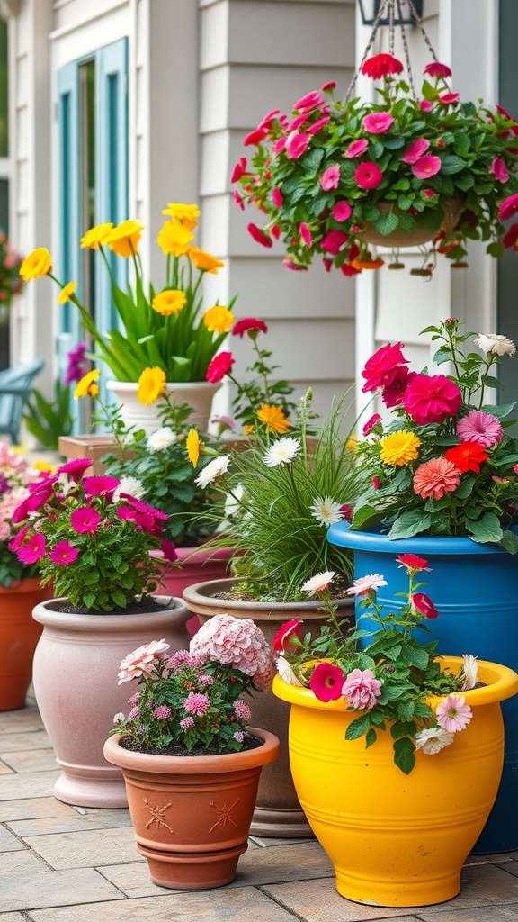 Colorful flower pots with various flowers in a back patio setting.