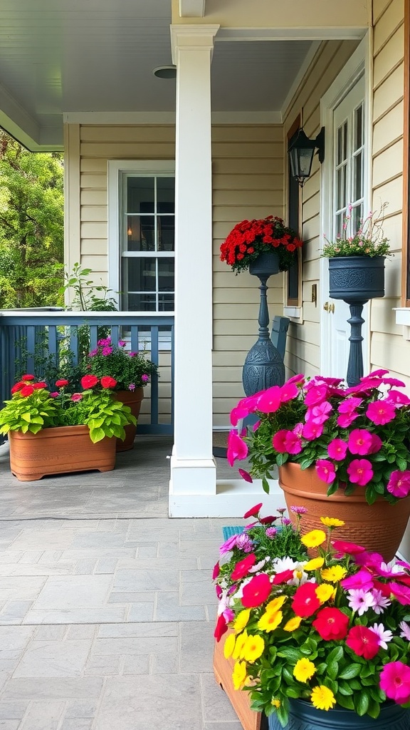 A vibrant display of colorful planters on a back porch patio with various flowers.