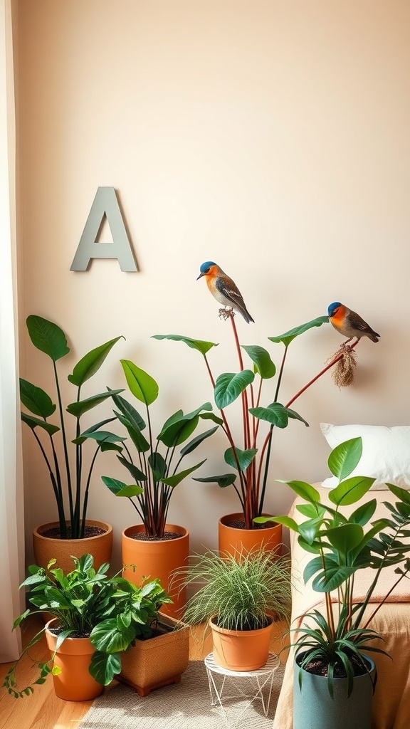 A beige bedroom with colorful plants in various pots, showcasing vibrant greenery against a soft background.