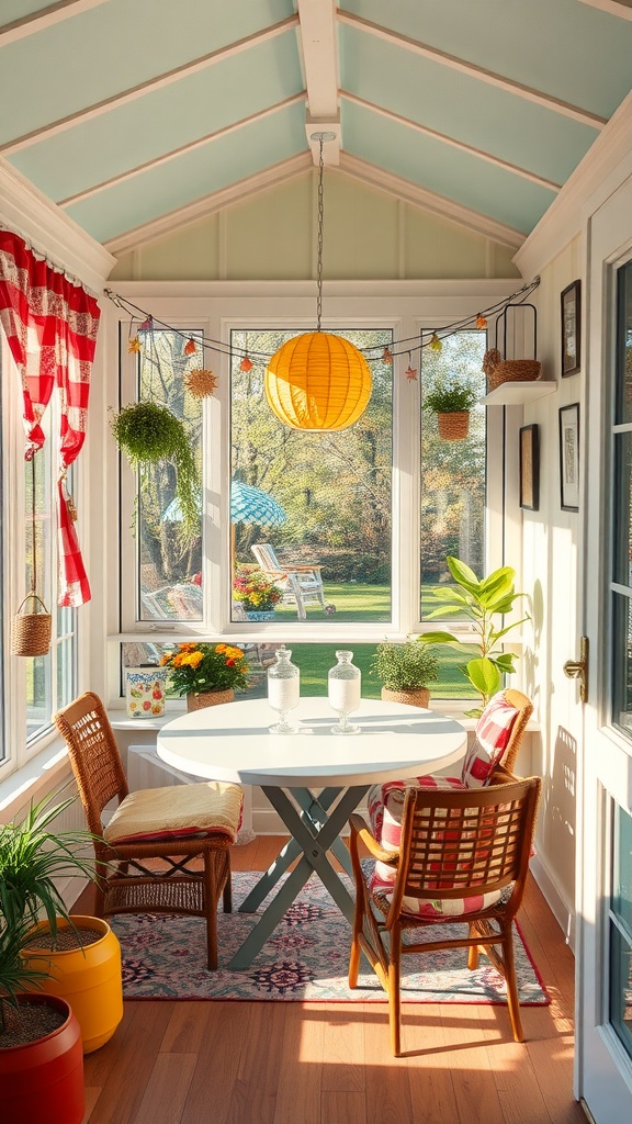 A colorful and playful sunroom with a round white table, woven chairs, and a hanging lantern, surrounded by plants and natural light.