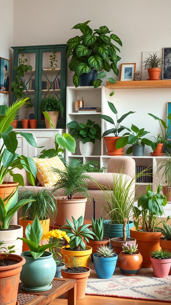 A living room filled with a variety of colorful pots and plants, creating a vibrant and inviting space.