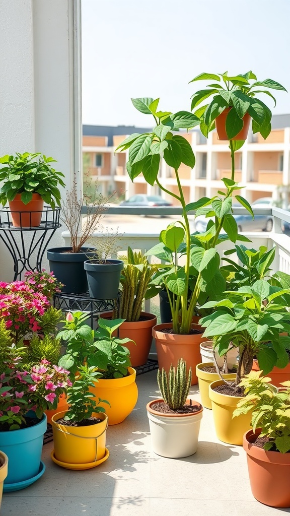 A variety of indoor plants in colorful pots on a balcony.
