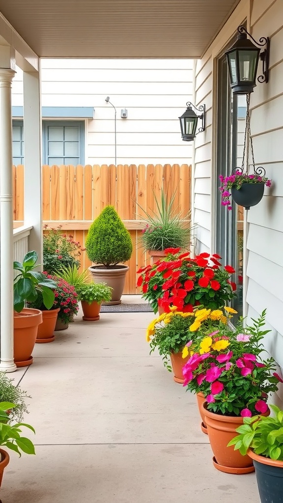 A small back porch decorated with colorful potted plants in terracotta pots.