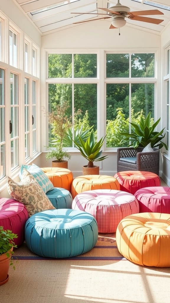Colorful poufs in a sunroom with large windows and plants.