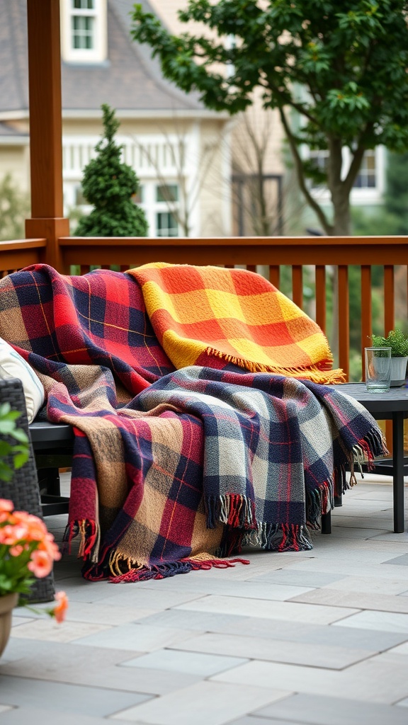 Colorful plaid throw blankets draped over a patio sofa with flowers and greenery in the background.