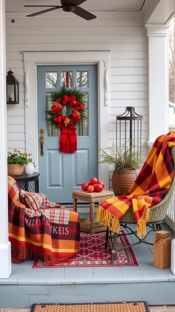 A cozy porch with colorful throw blankets on chairs, a blue door, and decorative elements like apples and a wreath.