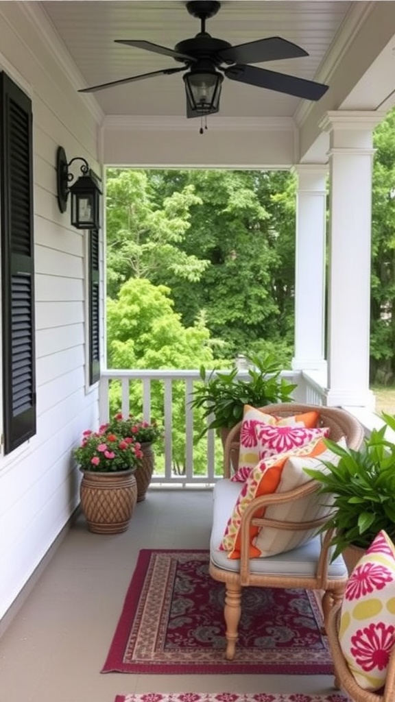 A cozy porch with colorful throw pillows on a chair, surrounded by plants and a welcoming atmosphere.