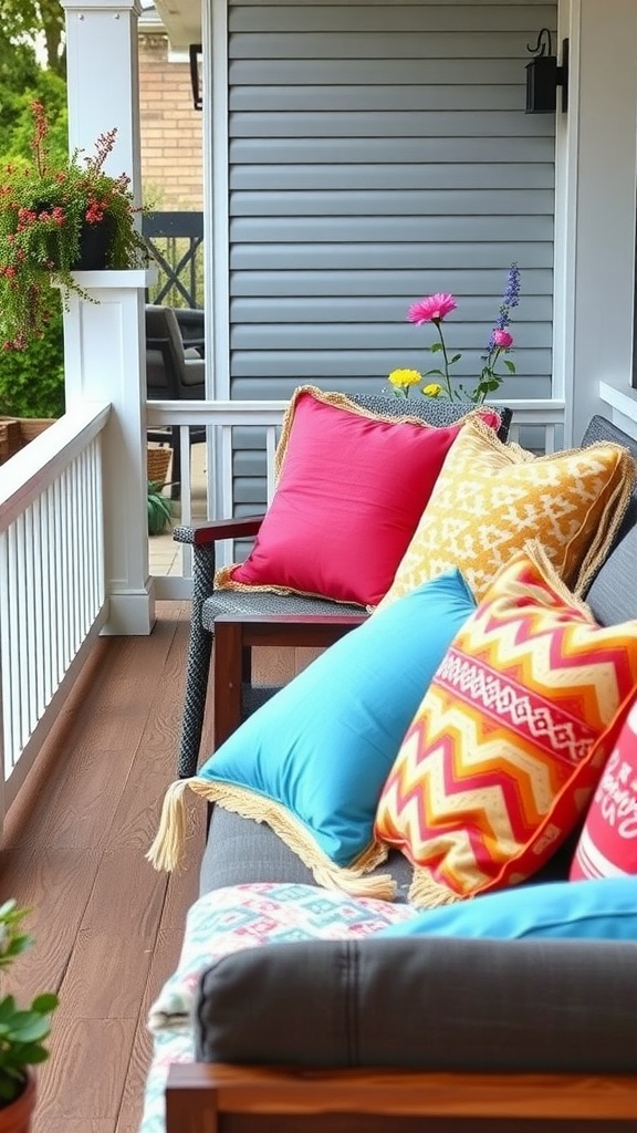 A cozy front porch with a sofa decorated with colorful throw pillows in pink, yellow, and blue.