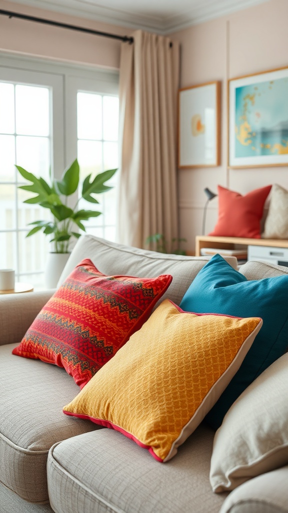 A cozy living room with a neutral sofa adorned with colorful throw pillows in red, yellow, and blue.