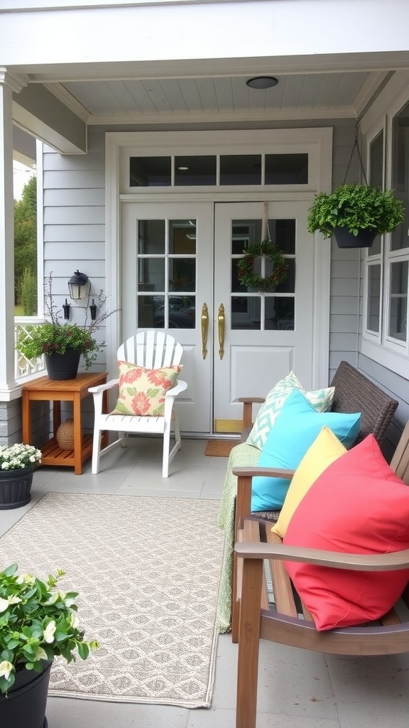 A front patio with colorful throw pillows on a wooden bench, featuring a welcoming atmosphere.