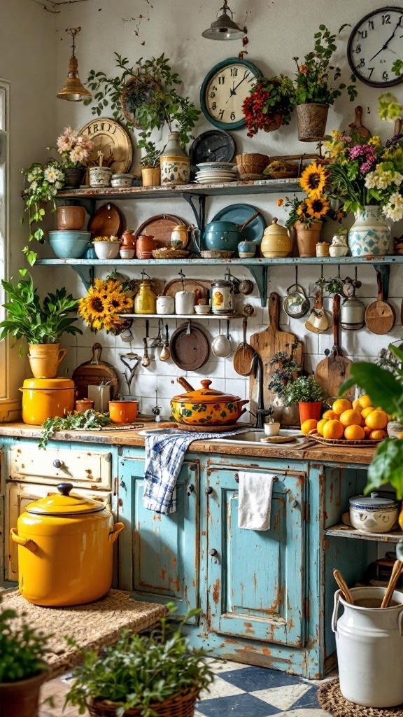 A colorful vintage farmhouse kitchen with bright accessories, plants, and rustic cabinets.