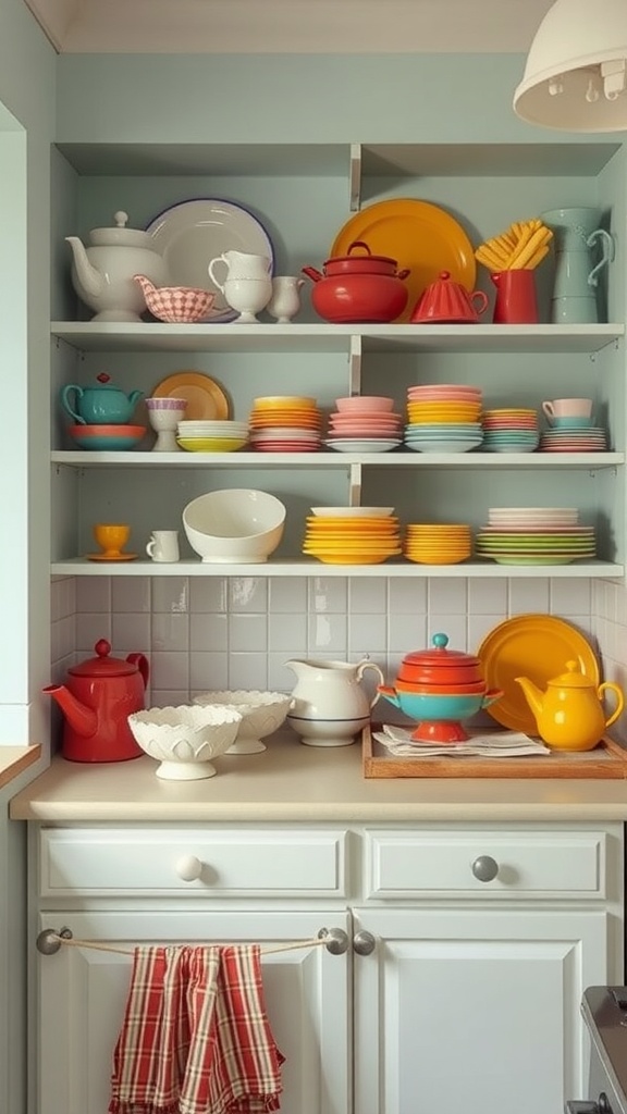 A farmhouse kitchen with colorful vintage tableware displayed on shelves, featuring various plates, bowls, and teapots in vibrant colors.