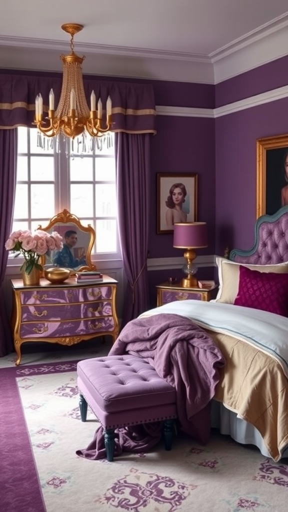 A luxurious purple bedroom with gold accents, featuring a chandelier, plush bedding, and elegant furniture.