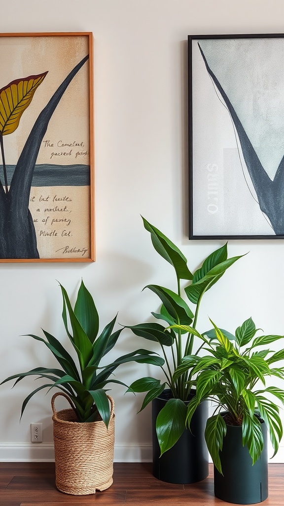 Indoor plants styled with artwork on the wall.
