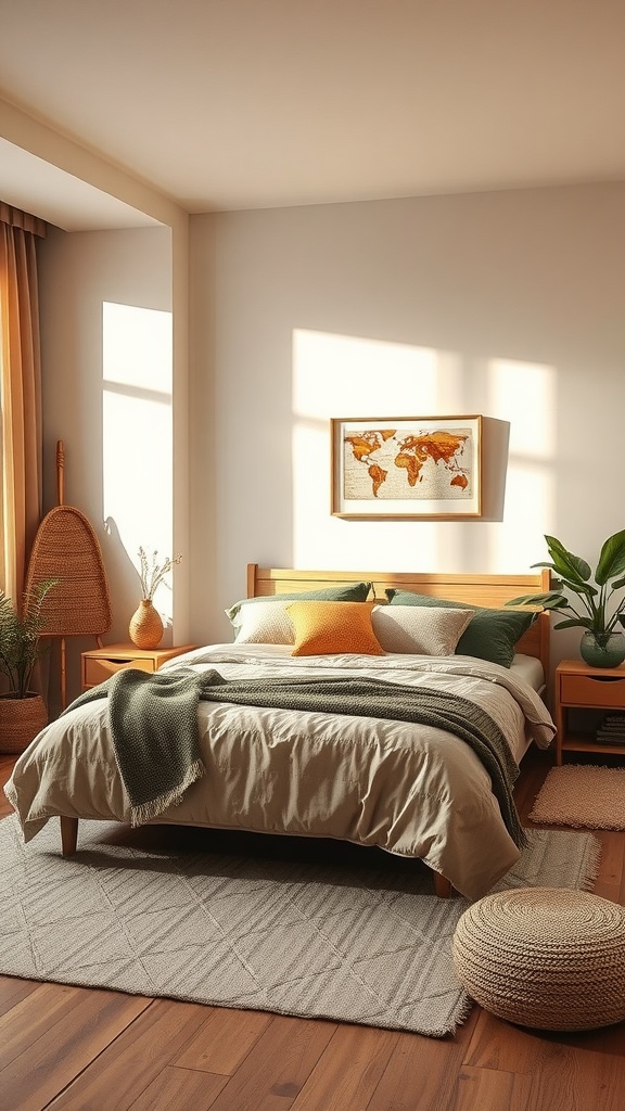 A cozy bedroom featuring beige walls and bedspread, with earthy tones in the decor and plants.