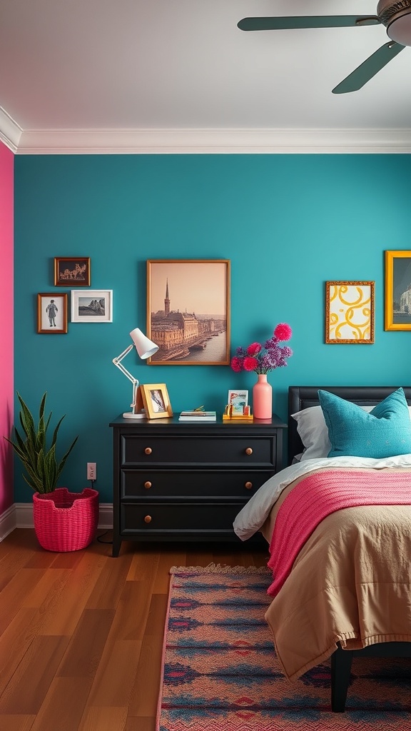 A stylish bedroom featuring a black dresser against vibrant teal and pink walls, with colorful decor.