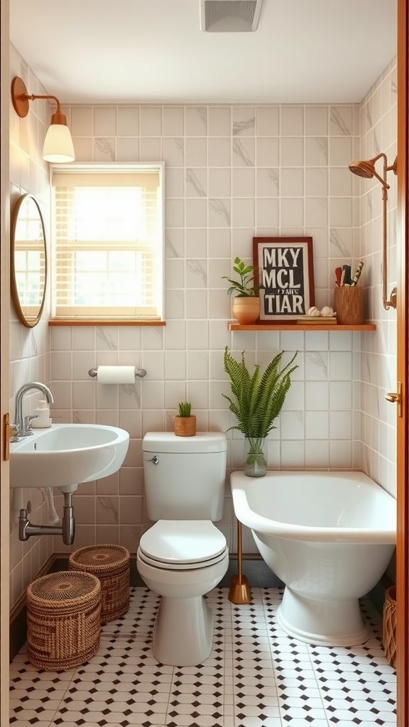 A cozy bathroom featuring a blend of vintage and modern elements, including retro tiles and sleek fixtures.