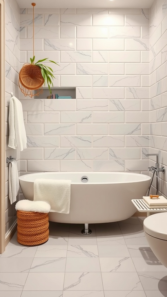 A stylish modern bathroom featuring a white bathtub, hanging plant, and soft textures.