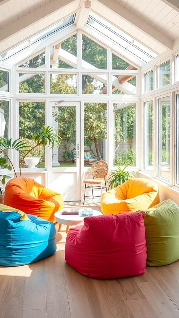 A bright sunroom featuring colorful bean bag chairs in blue, orange, pink, and green, with a small white table and large windows letting in natural light.