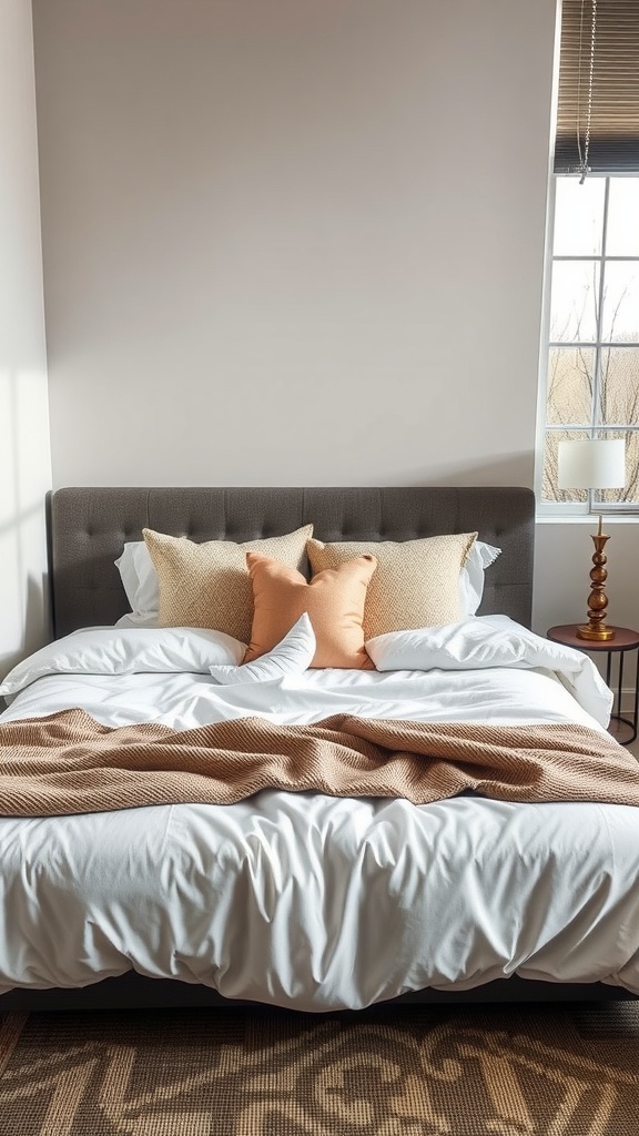 A cozy modern bedroom with a neatly made bed featuring white bedding, textured pillows, and a warm throw blanket.