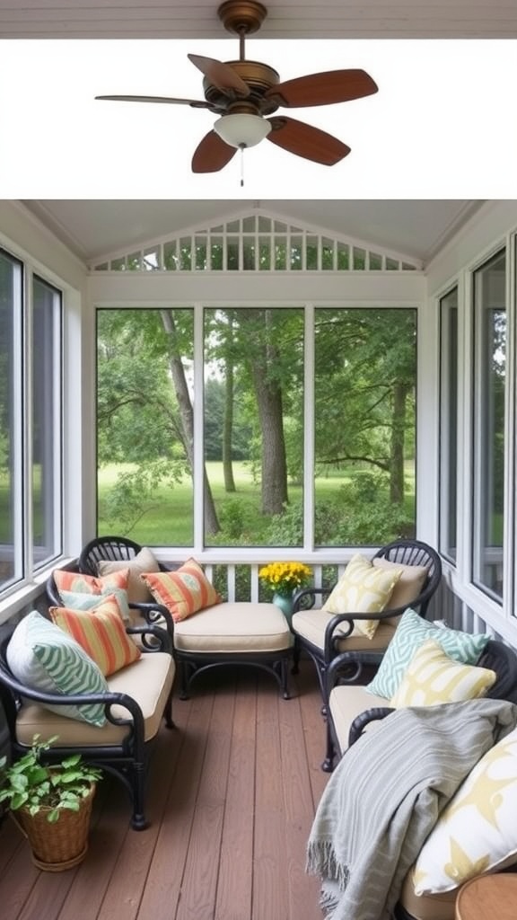A cozy small screened-in porch with comfortable cushions in various colors, a small table, and a view of greenery outside.