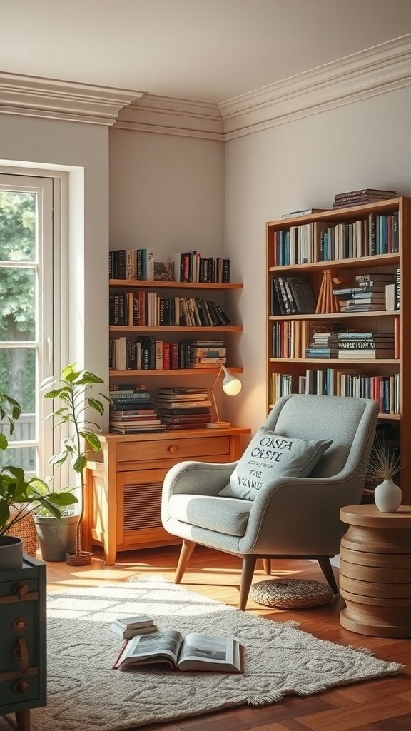 Cozy reading nook with a comfortable chair, bookshelves, and plants.
