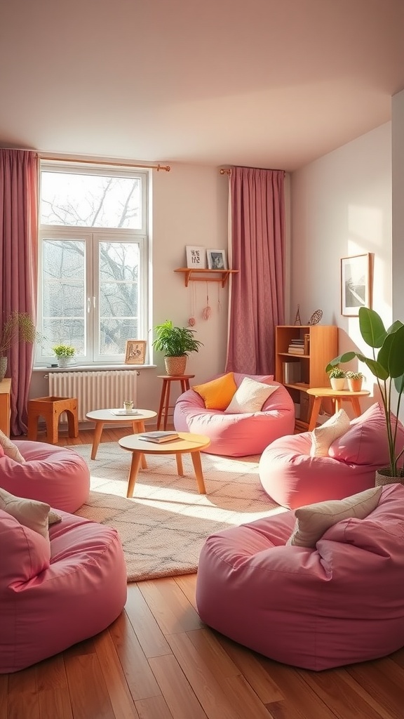 A cozy pink living room featuring comfortable pink bean bags, wooden furniture, plants, and natural light.