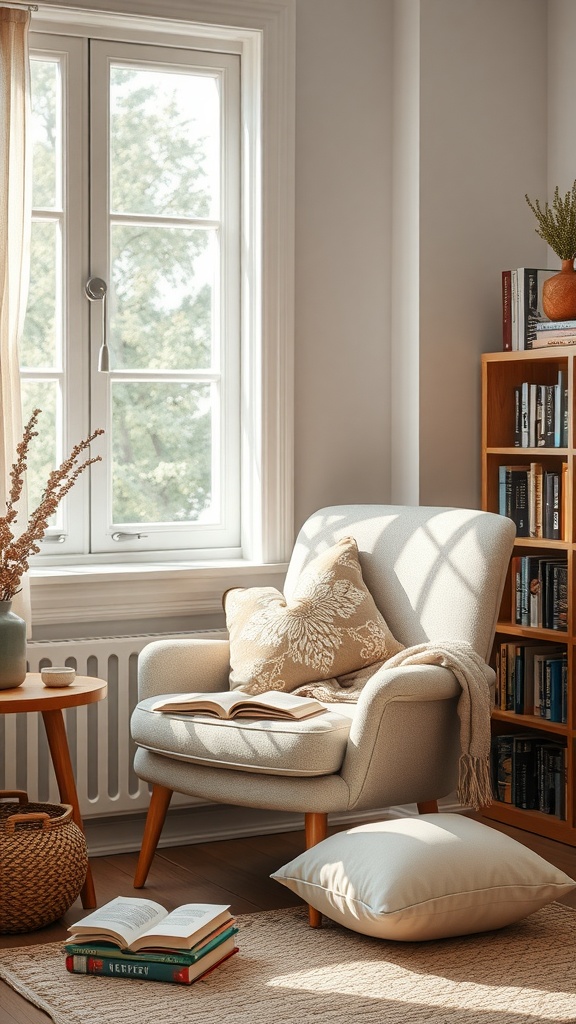 A cozy reading corner featuring a soft armchair, a small table, cushions, and a bookshelf filled with books.