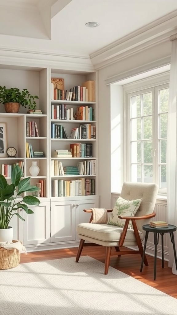 A cozy reading nook with a chair, side table, bookshelf, and plants in a sunlit apartment.