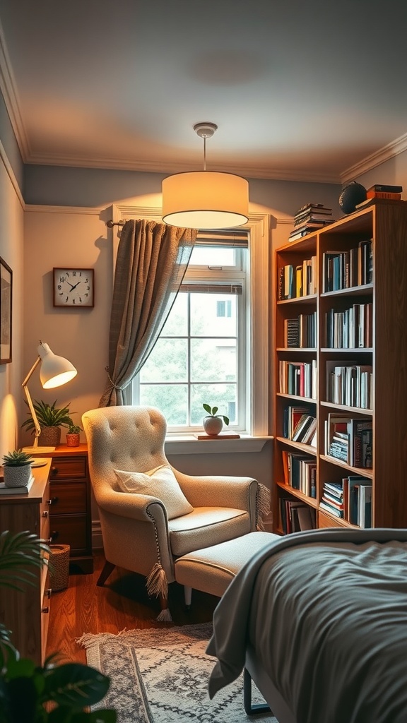 A cozy reading nook in a bedroom featuring a comfortable armchair, a bookshelf, and warm lighting.