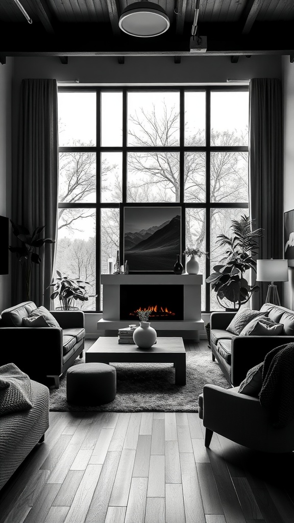 A black and white aesthetic living room featuring comfortable seating arrangements