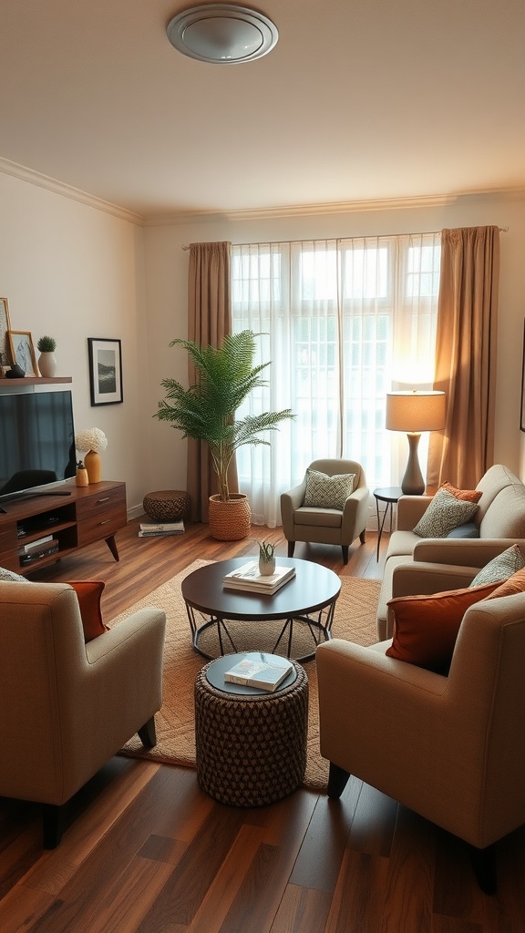 Cozy living room with comfortable seating, soft lighting, and a warm color palette.
