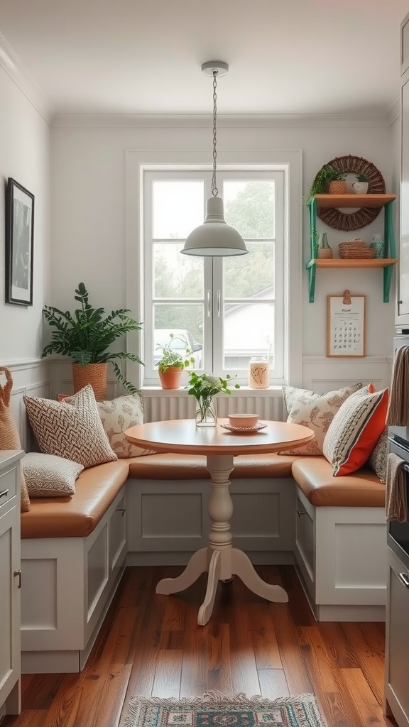 Cozy apartment kitchen with a comfortable seating arrangement featuring a round table and plush cushions.