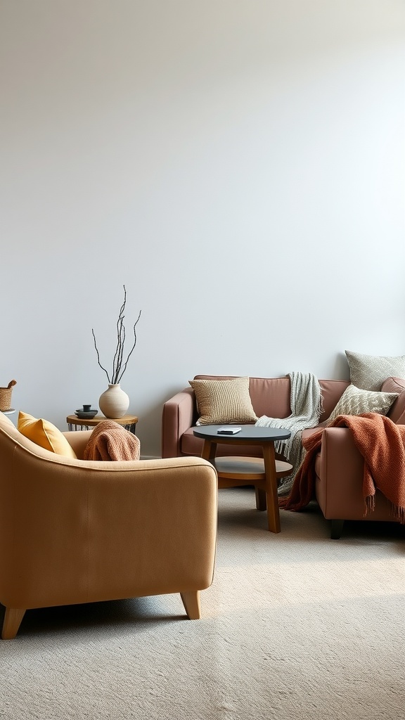 A cozy living room with two sofas, warm throws, and a central coffee table.