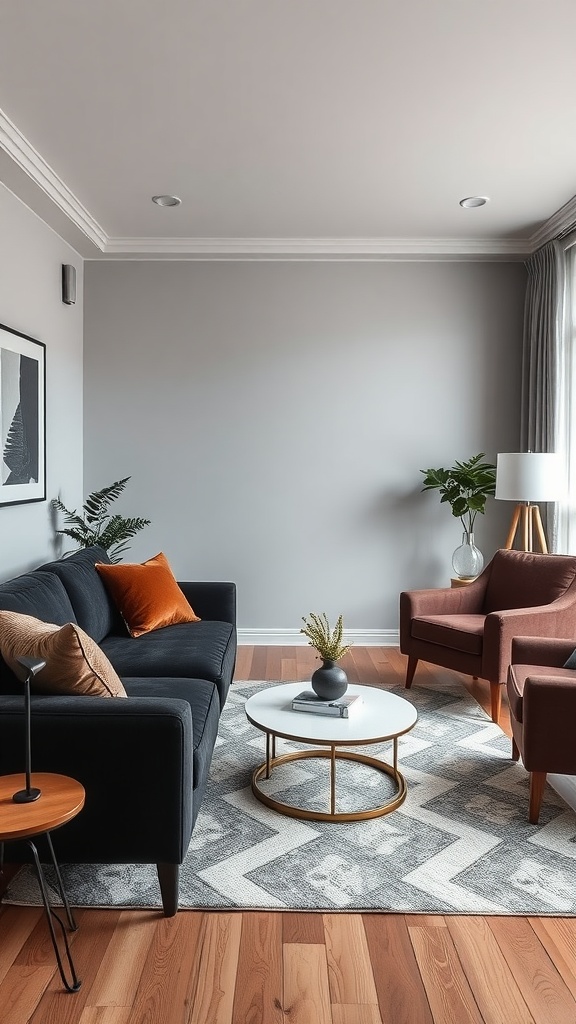 A cozy black living room featuring a dark sofa, warm accent chairs, and a stylish area rug.