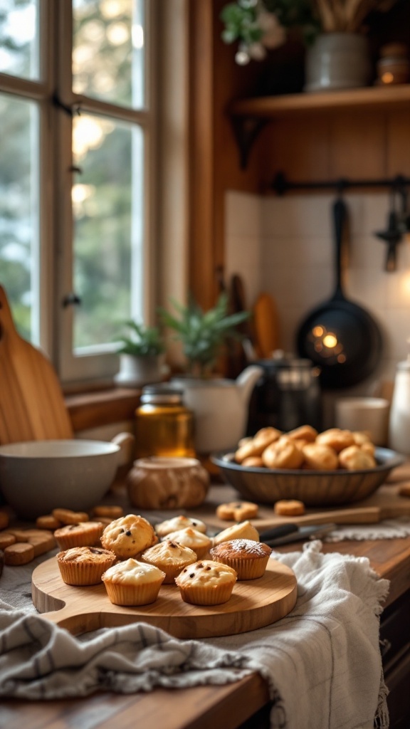 A cozy cabin kitchen with a wooden countertop displaying freshly baked muffins and cookies, surrounded by baking supplies.